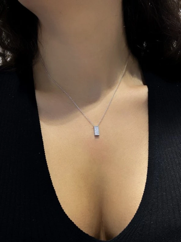 Sertifikalı Swarovski Taşlı Dikdörtgen 925 Gümüş Kolye - 3