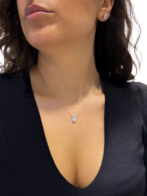 Sertifikalı Swarovski Taşlı Baykuş 925 Gümüş Kolye - 2