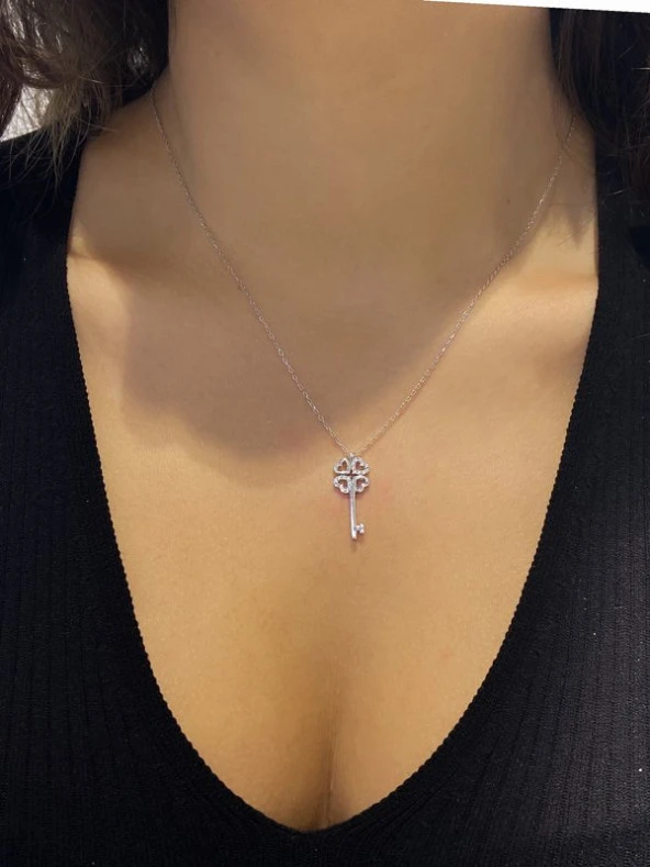 Sertifikalı Swarovski Taş Yonca Anahtar 925 Gümüş Kolye - 3