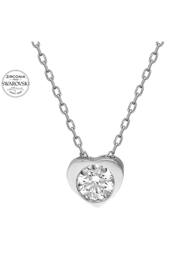 Sertifikalı Swarovski Taşlı Kalp Tektaş 925 Gümüş Kolye - 2