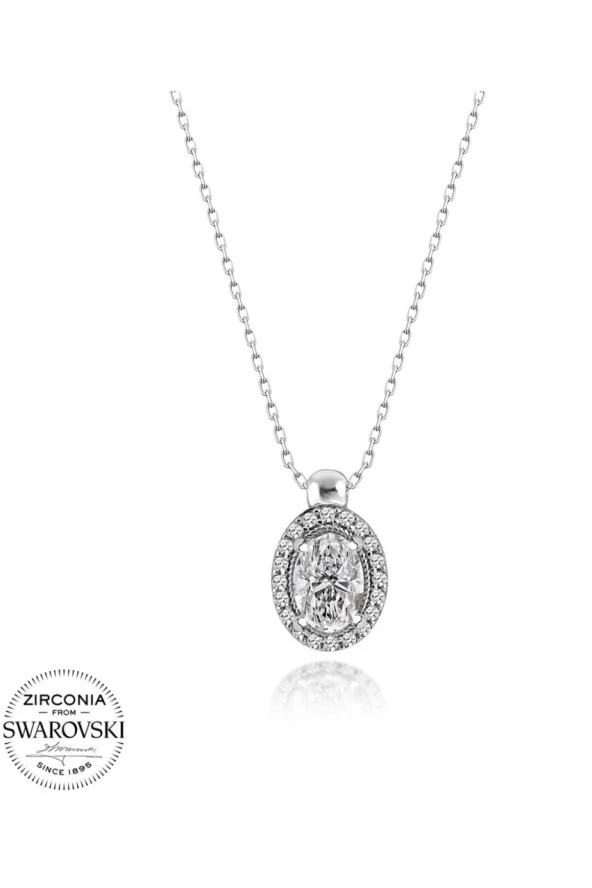 Sertifikalı Swarovski Oval Taş 925 Gümüş Kolye - 3
