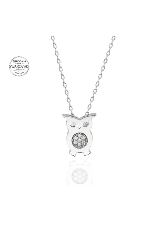Sertifikalı Swarovski Taşlı Baykuş 925 Gümüş Kolye - 3