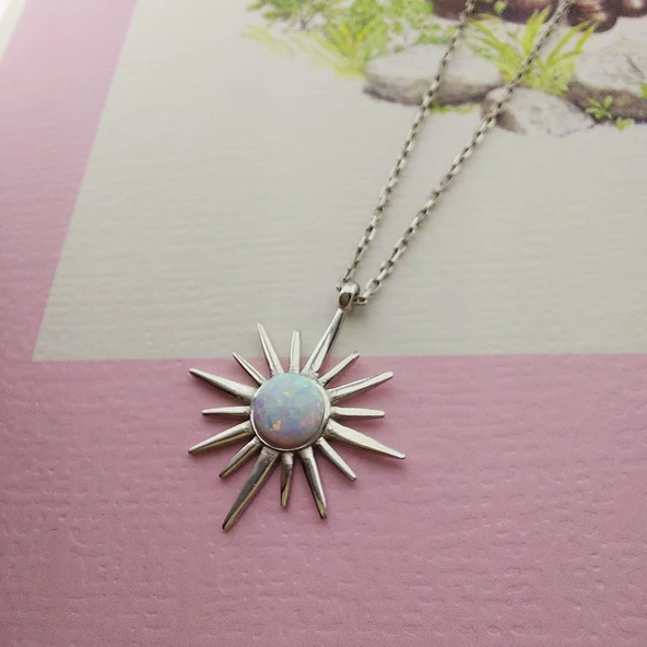 925 Ayar Gümüş Beyaz Opal Taşlı Kutup Yıldızı Kolye - Resim 3