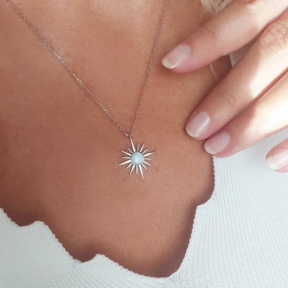 925 Ayar Gümüş Beyaz Opal Taşlı Kutup Yıldızı Kolye - Resim 4