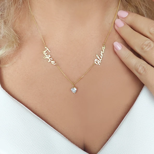 925 Ayar Gümüş İki İsimli ve Kalp Taşlı Kolye ürün görseli