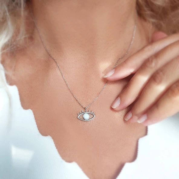 925 Ayar Gümüş Beyaz Opal Taşlı Göz Kolye - Resim 3