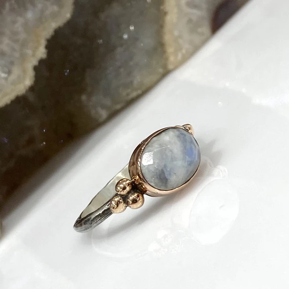 Doğal Gerçek Ay Taşı El Üretim Otantik Gümüş Yüzük - Resim 3