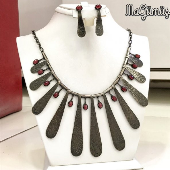 El Üretim Doğal Yakut Taşlı Otantik Gerdanlık Küpe Gümüş Set