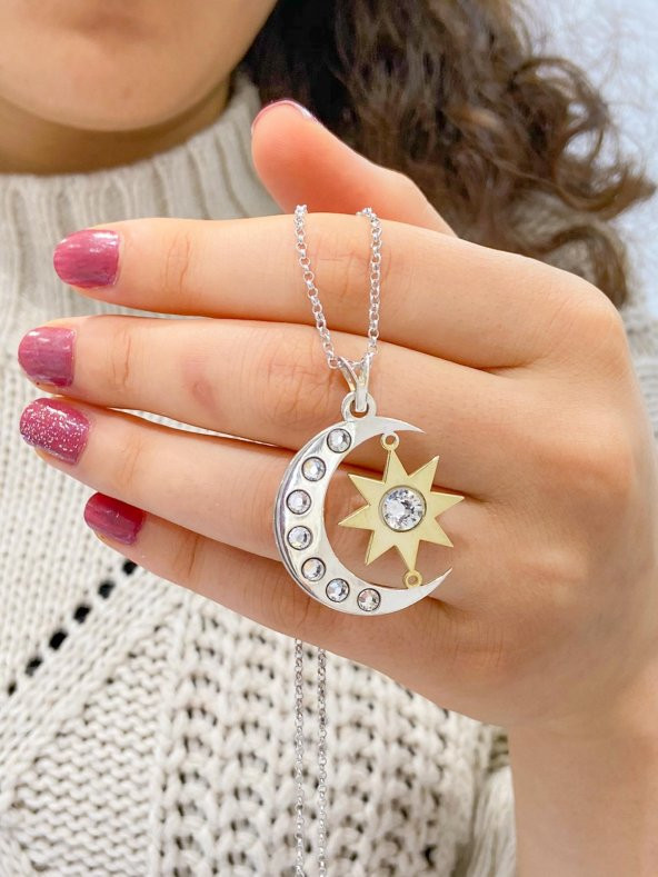 Soy Luna Özel Tasarım Ay ve Güneş Gümüş 925 Ayar Kolye - 3