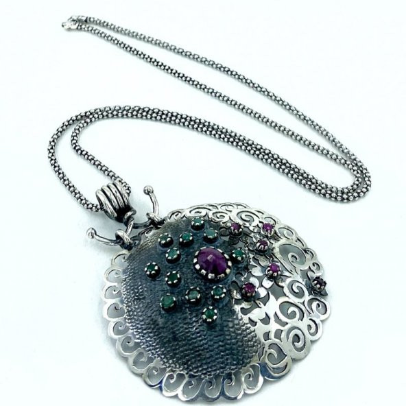 Gerçek Yakut Zümrüt Taş Osmanlı Modeli Madalyon Gümüş Kolye