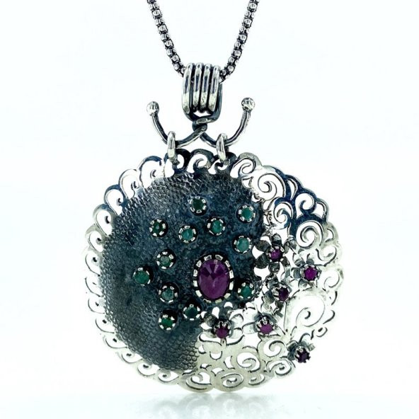 Gerçek Yakut Zümrüt Taş Osmanlı Modeli Madalyon Gümüş Kolye - 2