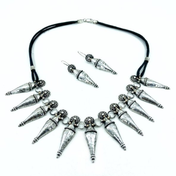 Eski Türk Motifli Tasarım Otantik Gerdanlık Küpe Gümüş Set - 2