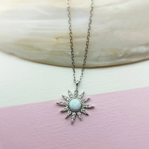 925 Ayar Gümüş Beyaz Opal Taşlı Yıldız Kolye - Resim 3