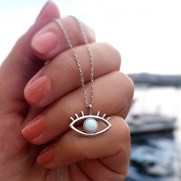 925 Ayar Gümüş Beyaz Opal Taşlı Göz Kolye - Resim 2