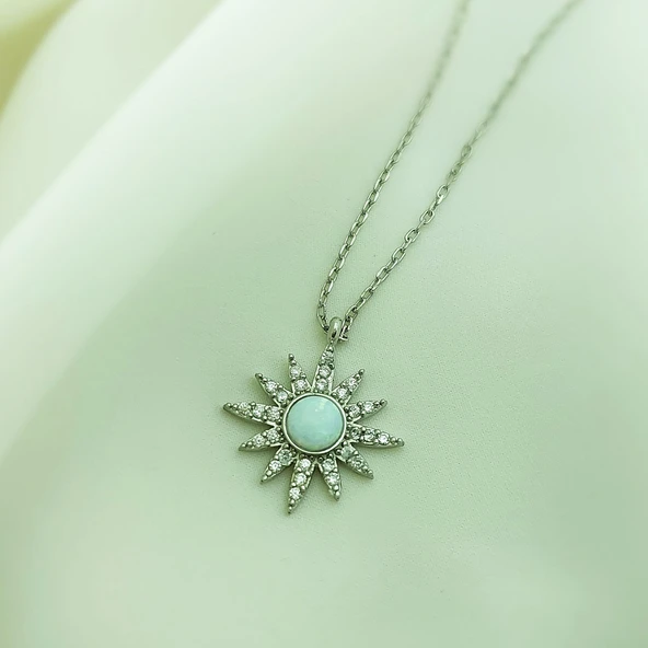 925 Ayar Gümüş Beyaz Opal Taşlı Yıldız Kolye - Resim 6