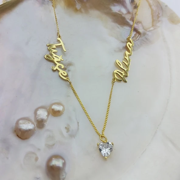 925 Ayar Gümüş İki İsimli ve Kalp Taşlı Kolye - Resim 5