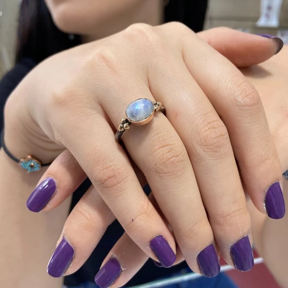 Doğal Gerçek Ay Taşı El Üretim Otantik Gümüş Yüzük - Resim 2