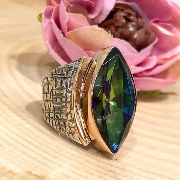 Mistik Topaz Taş Mekik El Üretim Gümüş Otantik Yüzük - Resim 2