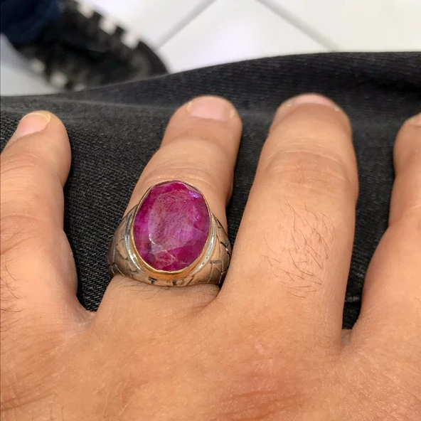 Doğal Yakut Taş El Üretimi Gümüş Erkek Yüzük - 4