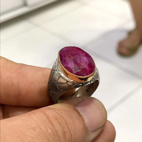 Doğal Yakut Taş El Üretimi Gümüş Erkek Yüzük - 2