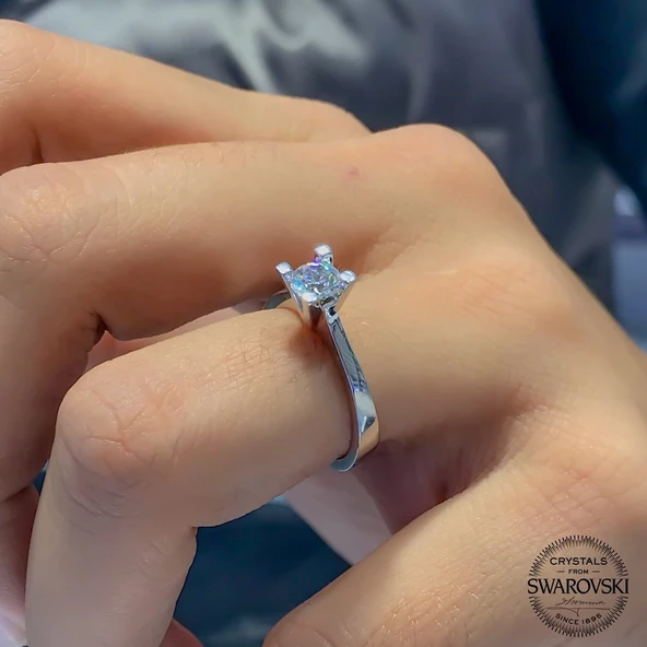 Orijinal Swarovski 5 mm Tektaş Gümüş Yüzük - 4