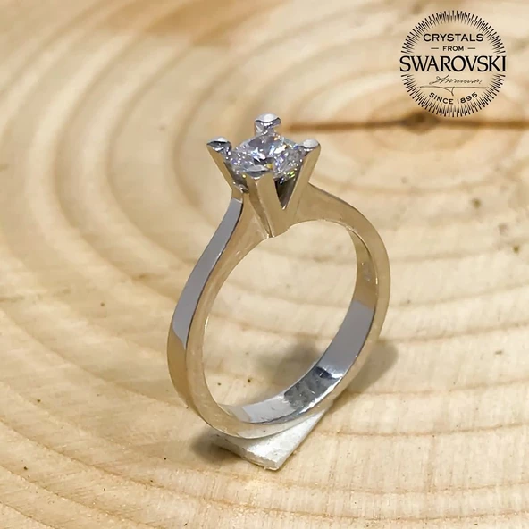 Orijinal Swarovski 5 mm Tektaş Gümüş Yüzük - 3
