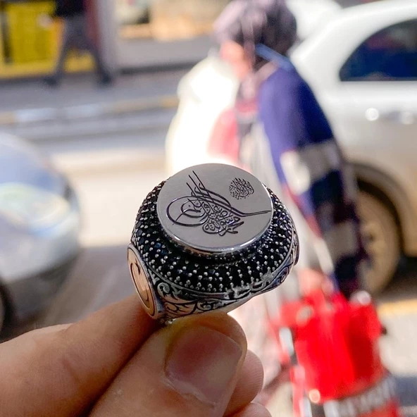 Sultan Abdülhamit Tuğra Özel Tasarım Gümüş Erkek Yüzük - Resim 3