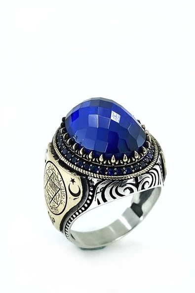 Oval Safir Süleyman Mührü Üst Kalite Gümüş Erkek Yüzük