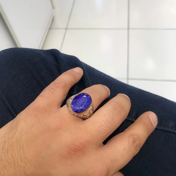 Özel Seri El İşçiliği Doğal Safir Taş Gümüş Erkek Yüzük - 3