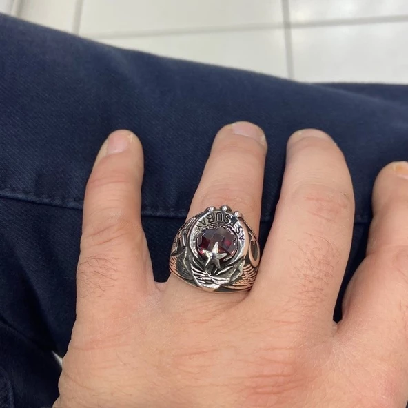 Tek Başlı Kartal Ay Yıldız Astsubay Çavuş Gümüş Erkek Yüzük - 3