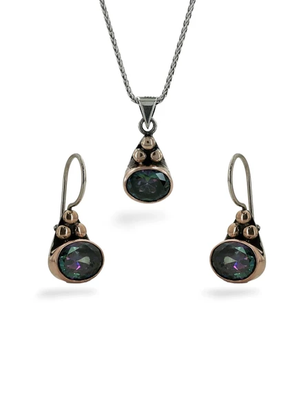 El Üretimi Mistik Topaz Taşlı Otantik 925 Ayar Gümüş Set Takım - 2