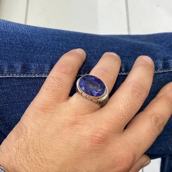 Orijinal Doğal Safir Taş El Üretimi Gümüş Erkek Yüzük - 4