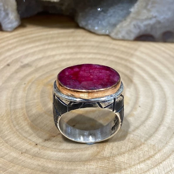 Orijinal Doğal Yakut Taş El Üretimi Gümüş Erkek Yüzük - 3