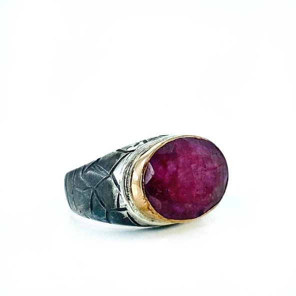 Orijinal Doğal Yakut Taş El Üretimi Gümüş Erkek Yüzük - 2