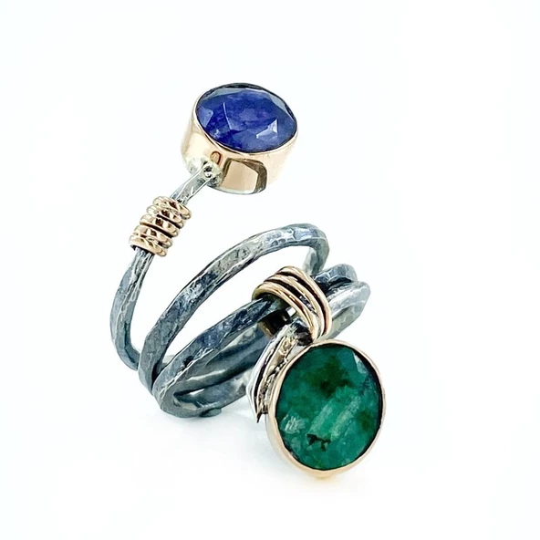 El Üretim Doğal Yakut Zümrüt Taşlı Üst Kalite Otantik Gümüş Yüzük - 3