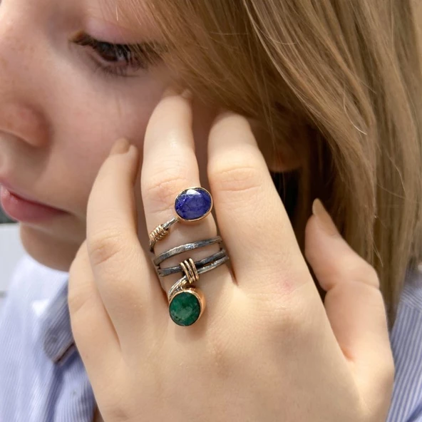 El Üretim Doğal Yakut Zümrüt Taşlı Üst Kalite Otantik Gümüş Yüzük - 2