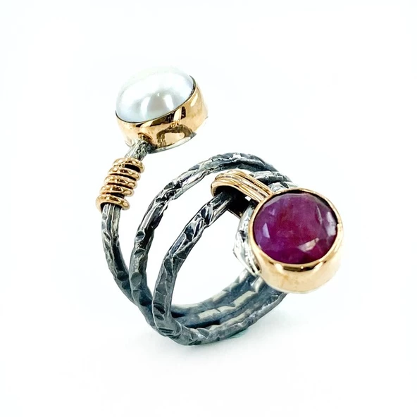 El Üretim Doğal İnci Yakut Taşlı Üst Kalite Otantik 925 Gümüş Yüzük - 2