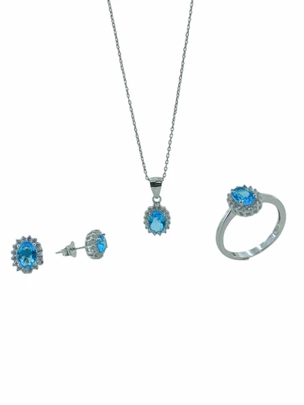 Minik Oval Aquamarine Taş Üst Kalite 925 Gümüş Set Takım