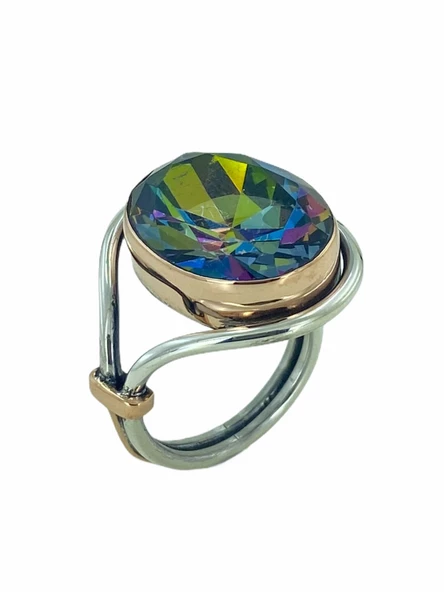 Oval Mistik Topaz Otantik El Üretim Özel Tasarım Gümüş Yüzük - 3