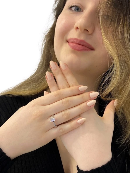 Swarovski Sertifikalı Baget Tek Taş 925 Gümüş Yüzük - 2