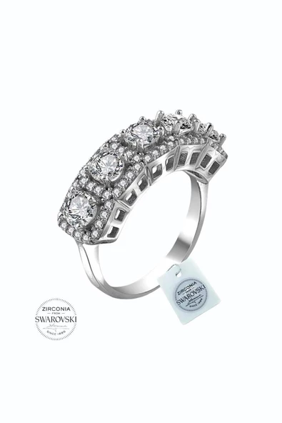 Özel Tasarım Üst Kalite Beş Taş Swarovski Taşlı 925 Gümüş Yüzük - 2