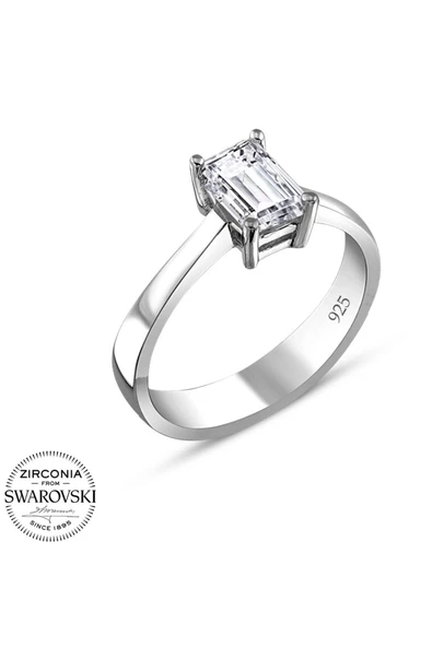 Swarovski Sertifikalı Baget Tek Taş 925 Gümüş Yüzük - 3
