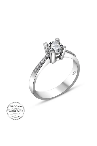 Sertifikalı Swarovski Taşlı Tek Taş 925 Gümüş Yüzük - 2