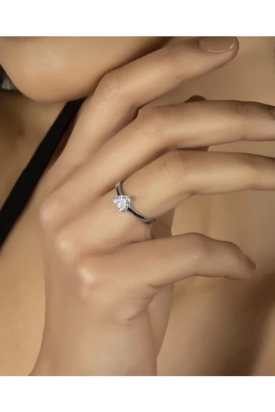 Swarovski Sertifikalı KALP Tek Taş 925 Gümüş Yüzük - 3
