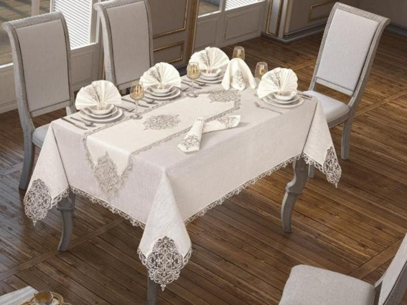 26 Parça Elegant Masa Örtüsü Takımı Krem Silver