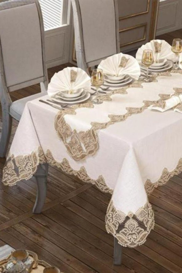 26 Parça Güpürlü Kaktüs Masa Örtüsü Takımı Krem Gold - Resim 3