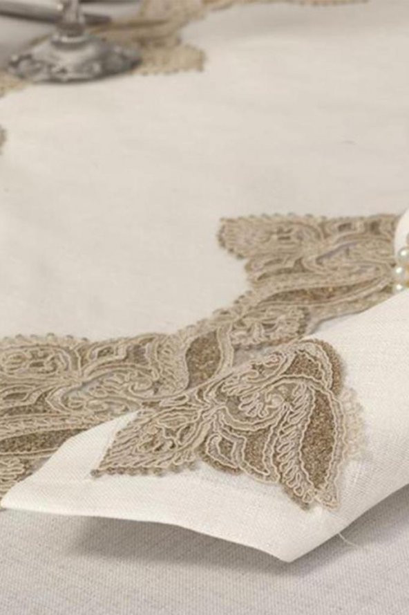 26 Parça Güpürlü Kaktüs Masa Örtüsü Takımı Krem Gold - Resim 4