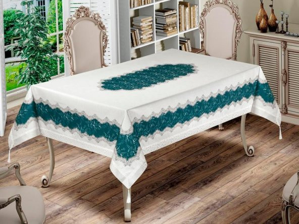 Nilüfer Dikdörtgen Baskılı Masa Örtüsü Krem Petrol ürün görseli