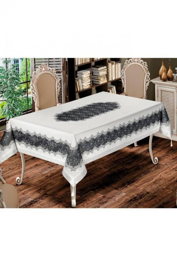 Nilüfer Dikdörtgen Baskılı Masa Örtüsü Krem Antrasit - Resim 2