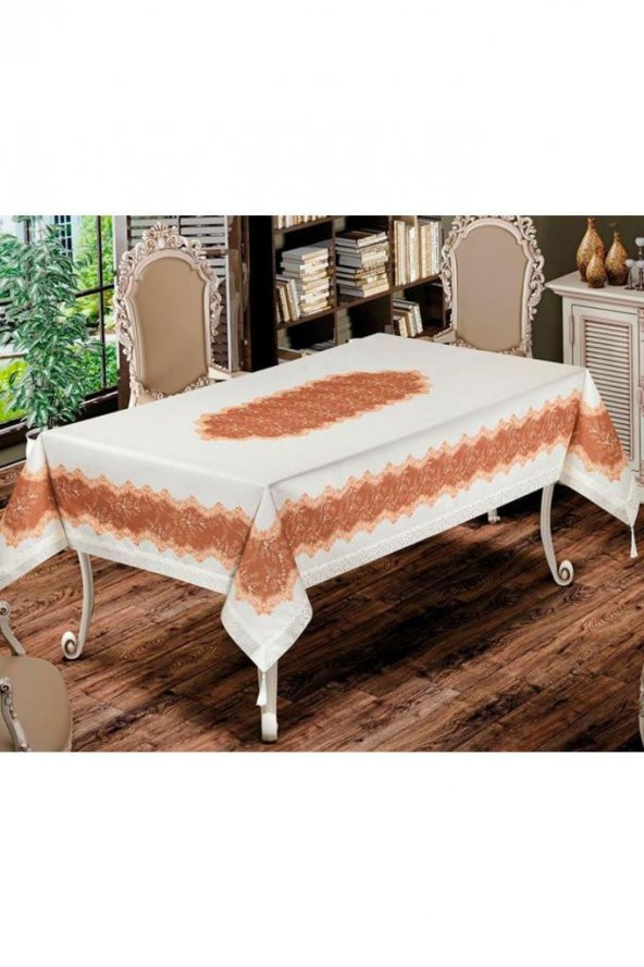 Nilüfer Dikdörtgen Baskılı Masa Örtüsü Krem Cappucino - Resim 2